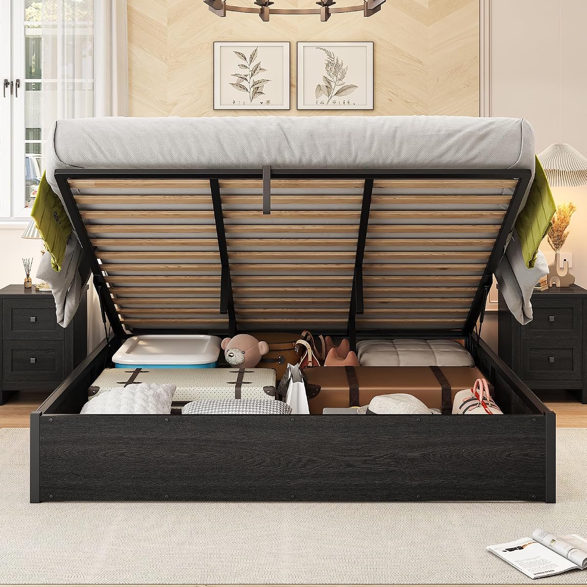 King Lift Up Storage Bed Frame, Dark Oak