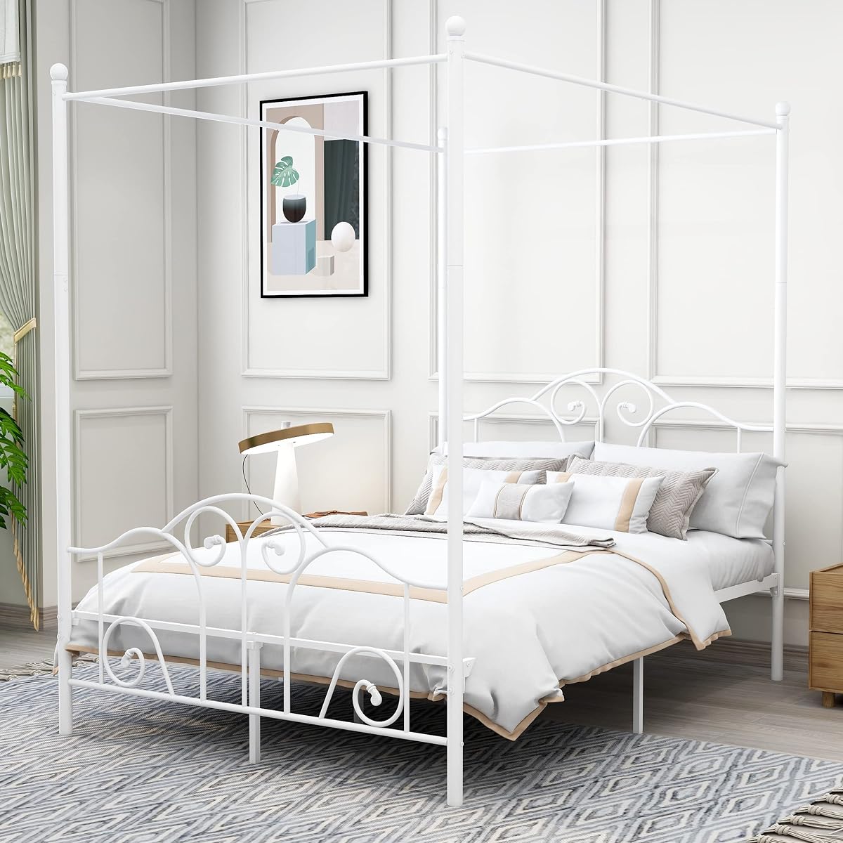 Full Size Four-Poster Metal Canopy Bed Frame,White