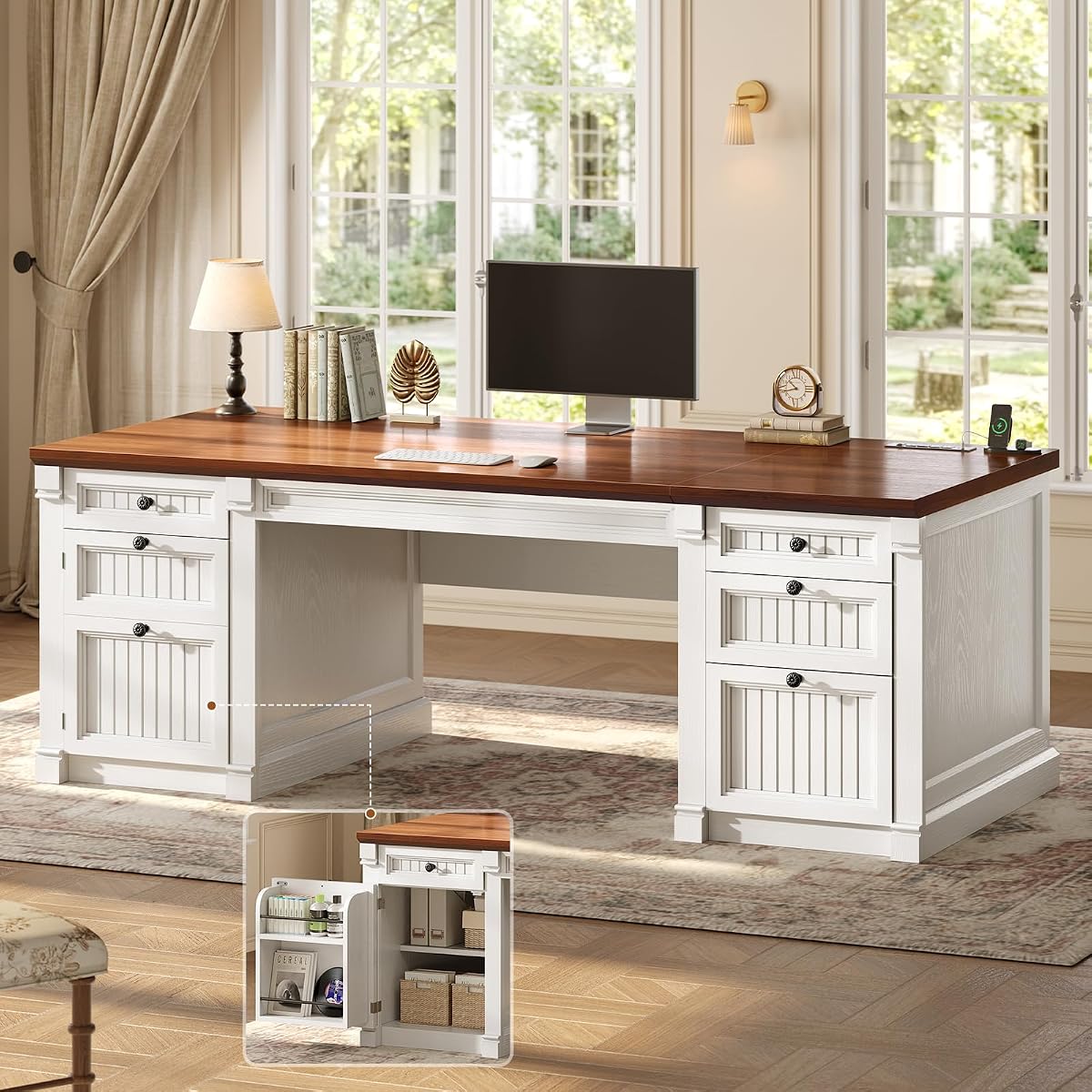 67" Office Executive Desk with 4 Drawers, Storage Cabinet & Outlet