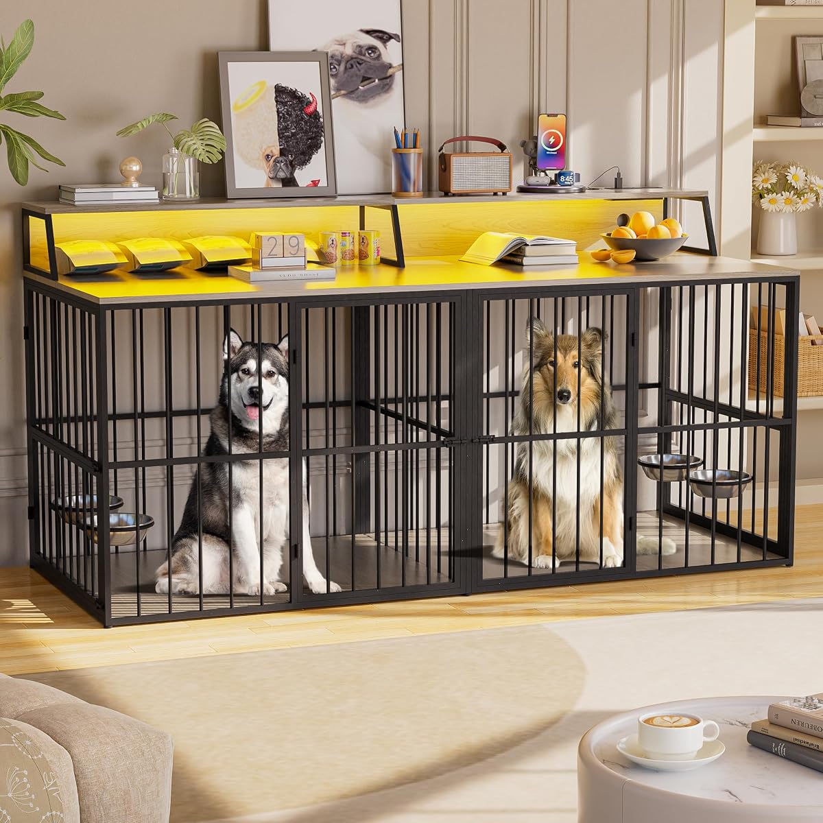 72" Furniture-Style Dog Crate for 2 Dogs with LED Light, TV Stands