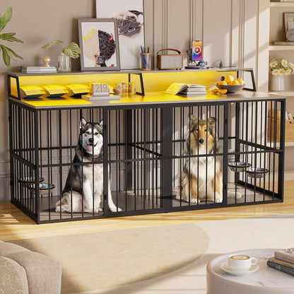 72" Furniture-Style Dog Crate for 2 Dogs with LED Light, TV Stands