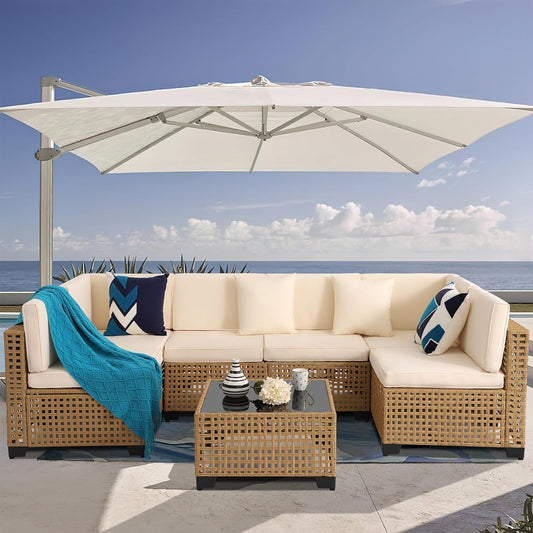 7-Piece Patio Furniture Set, All-Weather PE Rattan Outdoor Sectional Sofa, Modular Wicker Conversation Set with Thick Cushions & Easy-Clean Coffee Table（Yellow/White）