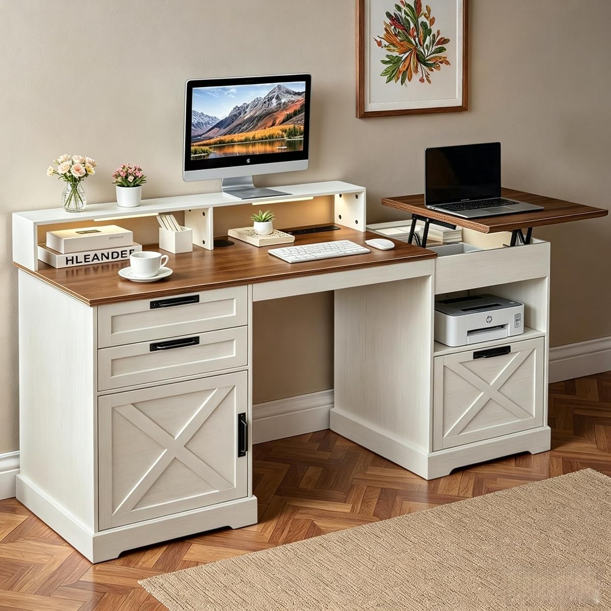 63“ Executive Desk with Lift Top, 3 File Drawers, White