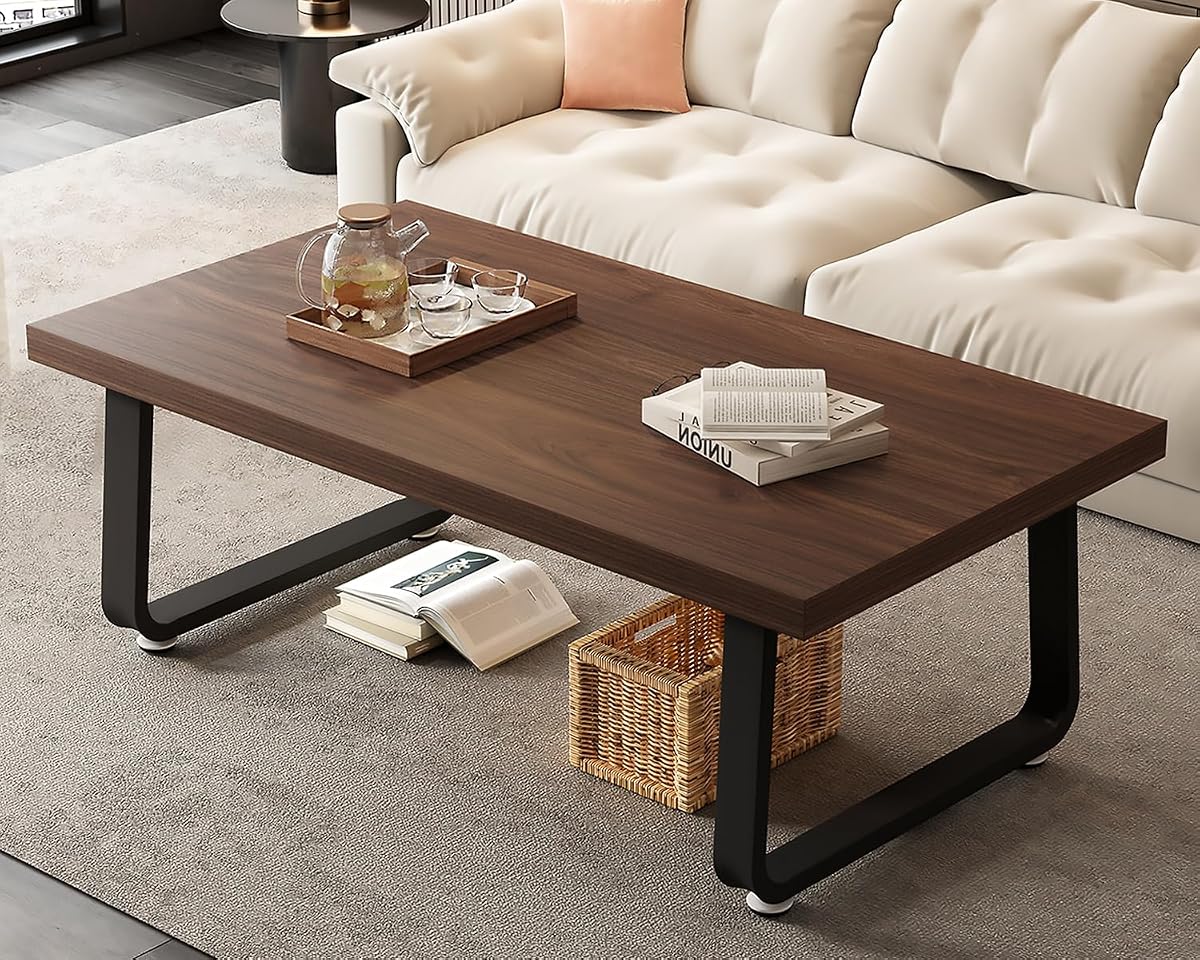 Rustic Walnut Coffee Table, Modern Center Table, Rectangle Industrial Living Room Coffee Table, Simple Farmhouse Wood and Metal Tea Table for Home Bedroom Office, Walnut, 47 in