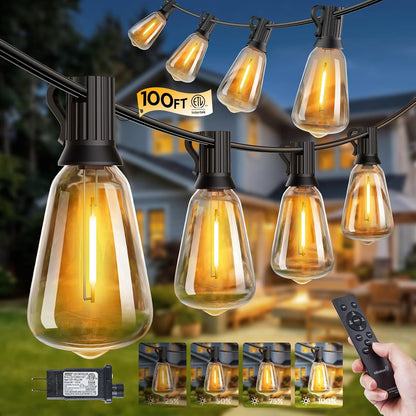 100FT Outdoor-String-Lights with Remote, Shatterproof ST38 LED Bulbs