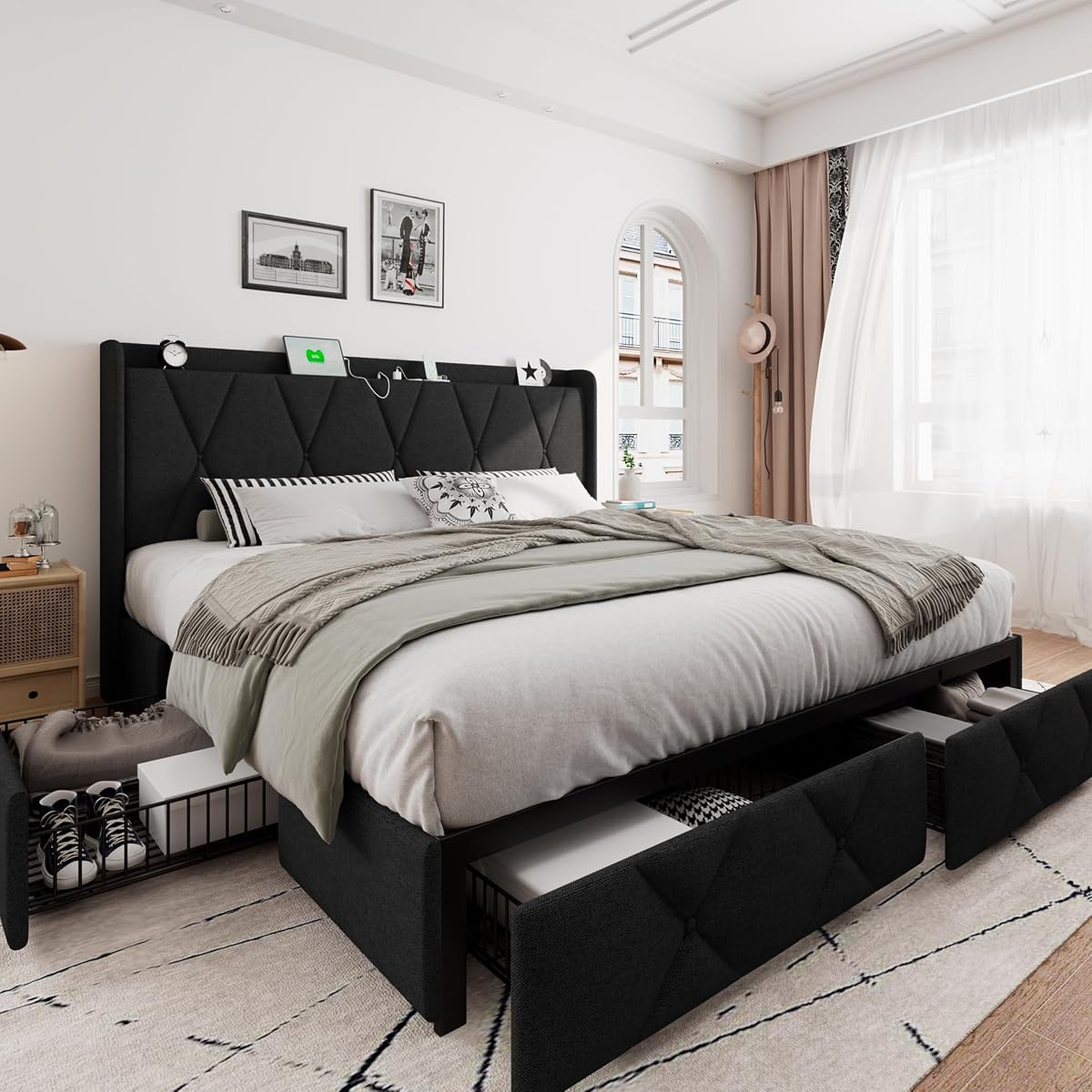 King Size Bed Frame with 4 Storage Drawers