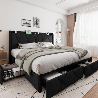 King Size Bed Frame with 4 Storage Drawers