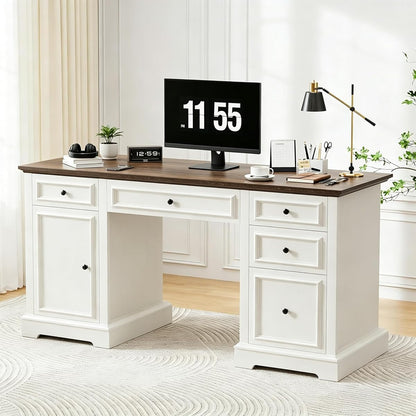 60" Farmhouse Executive Desk with Drawers and Cabinet