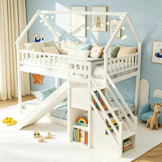 House Bunk Bed Twin Over Twin with Slide & Stairs, Wood Bunk Bed with Storage Shelves, No Box Spring Needed, Twin Floor Bed for Kids Teens Boys Girls (White)