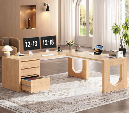63" Modern L Shaped Desk with 3 Drawers, Executive Office Desk