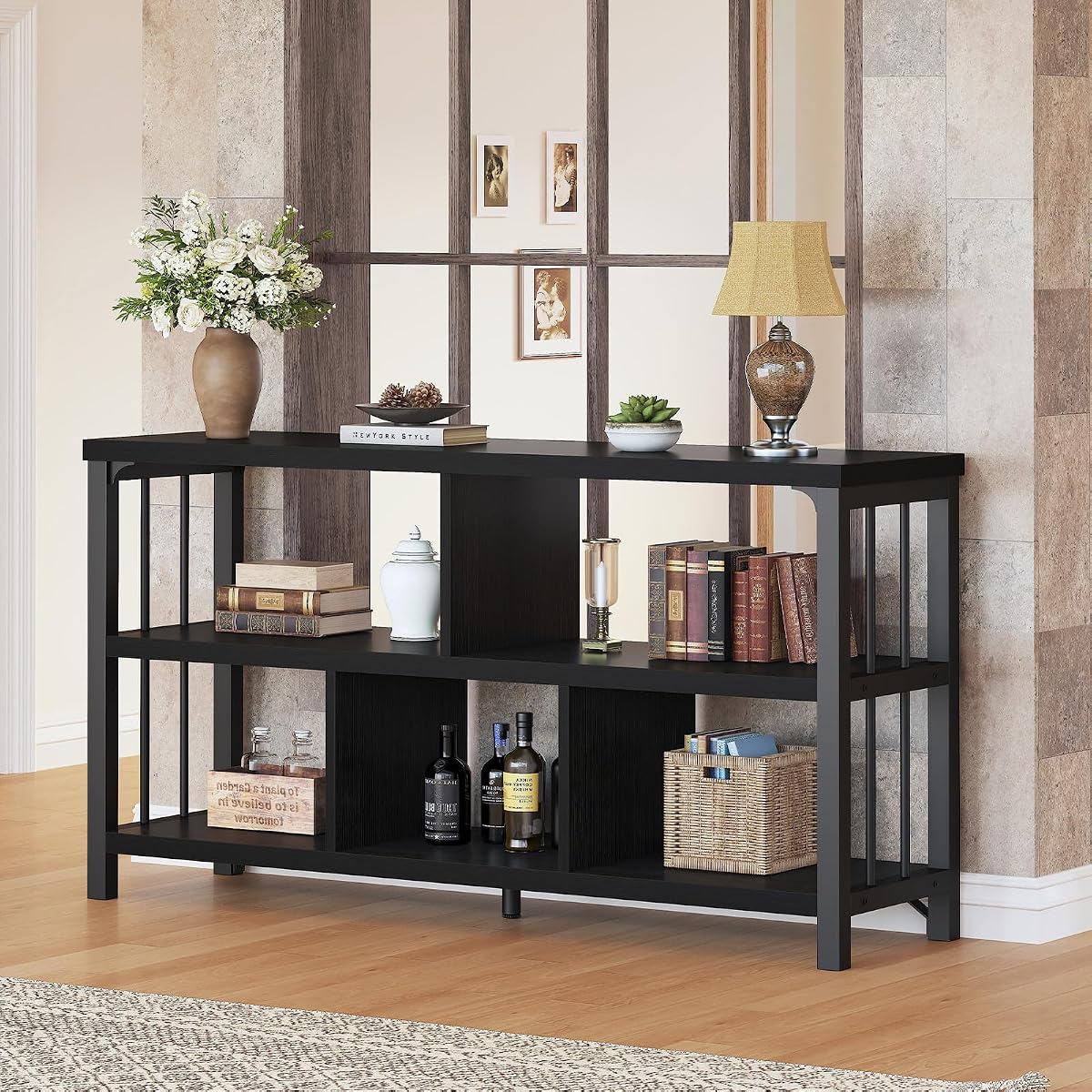 Horizontal Cube Book shelf, Industrial Modern Open Bookshelf, Low Wide Home 5 Cube Storage Organizer Long Shelf for Bedroom, Short Wood and Metal Cubby Book Shelf for Living Room, Black Oak, 47 In