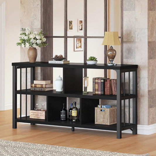 Horizontal Cube Book shelf, Industrial Modern Open Bookshelf, Low Wide Home 5 Cube Storage Organizer Long Shelf for Bedroom, Short Wood and Metal Cubby Book Shelf for Living Room, Black Oak, 47 In