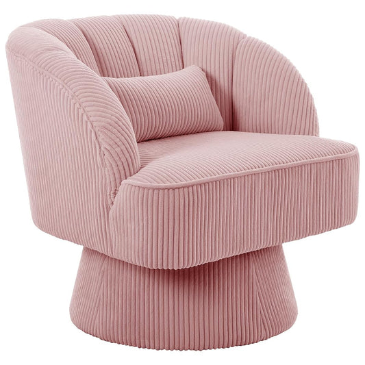 Modern 360° Swivel Barrel Accent Chair, Velvet Upholstered Armchair with Striped Backrest & Plush Cushion, Comfy Round Lounge Chair for Living Room Bedroom, Pink