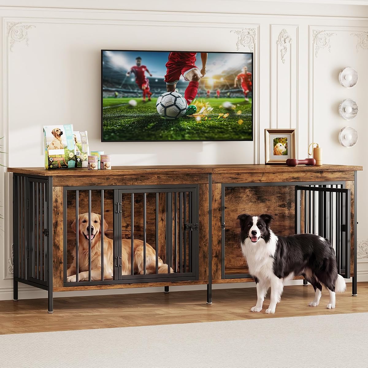 63" Dog Crate Furniture for 2 Dogs with Divider, Rustic Brown