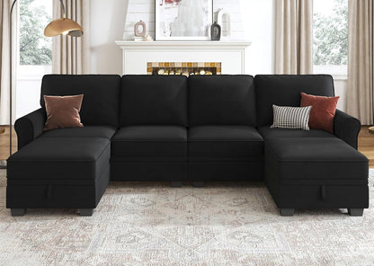 Sectional Sofa with Storage Seat Velvet U Shaped Sectional Couch with Reversible Chaise Convertible Sectional Couches for Living Room,Black