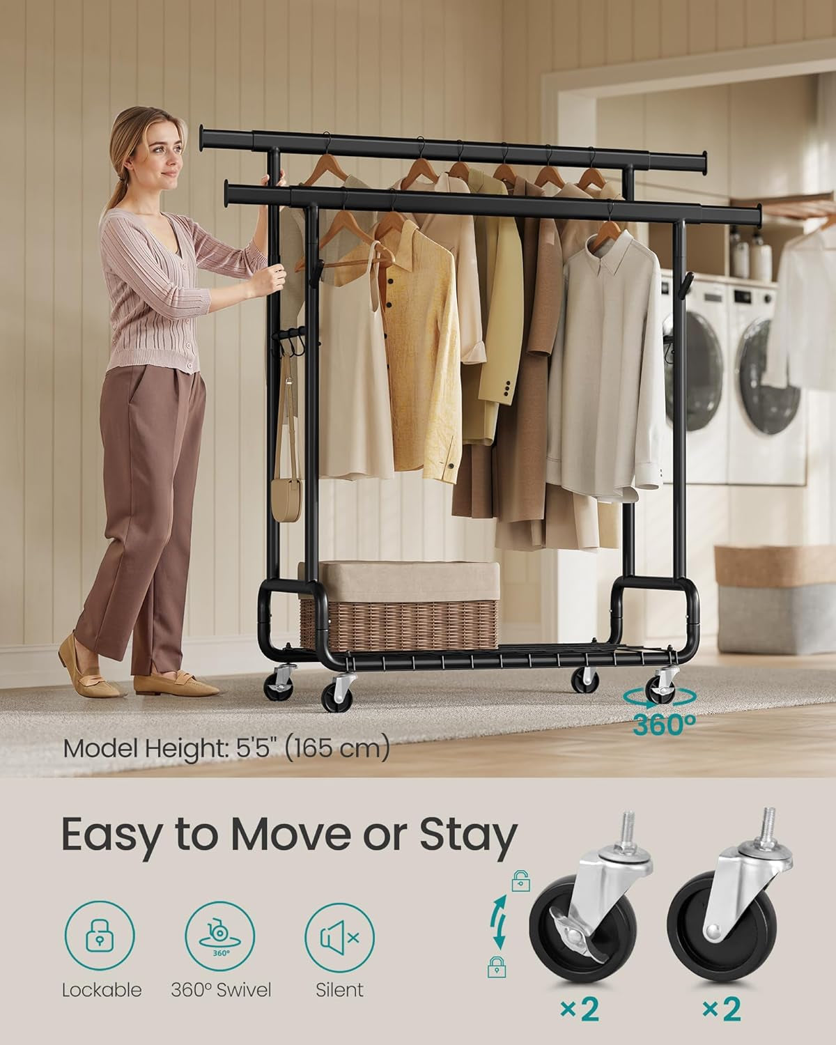 Clothes Rack, Heavy-Duty Rolling Clothing Garment Rack with Wheels, Extendable Double Hanging Rods and Adjustable Height, Portable, with Shelf and Hooks, Ink Black UHSR015B01