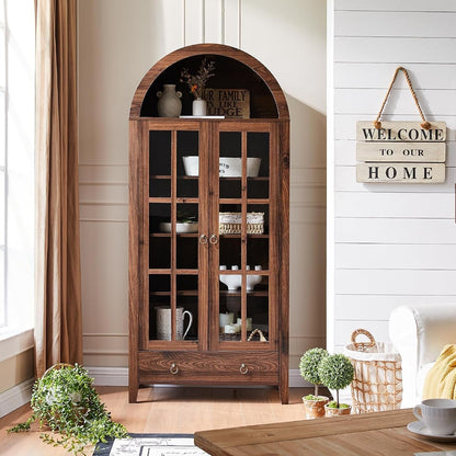 71" Tall Arched Cabinet Bookshelf with Glass Door & Storage Drawer