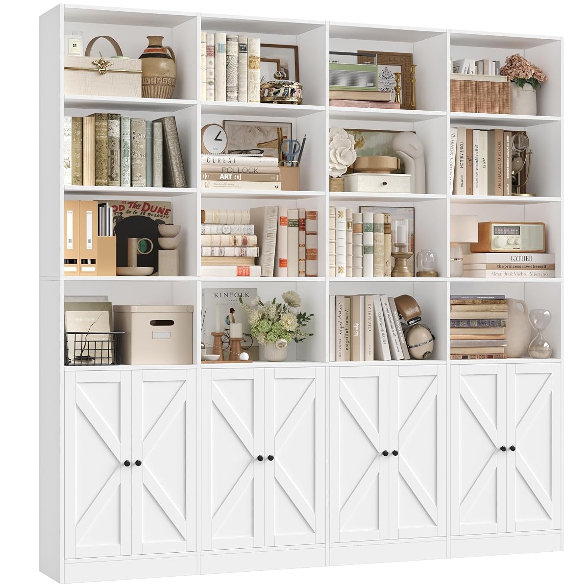 72.8" Large Bookshelf, Farmhouse Bookshelf with 8 Doors, White
