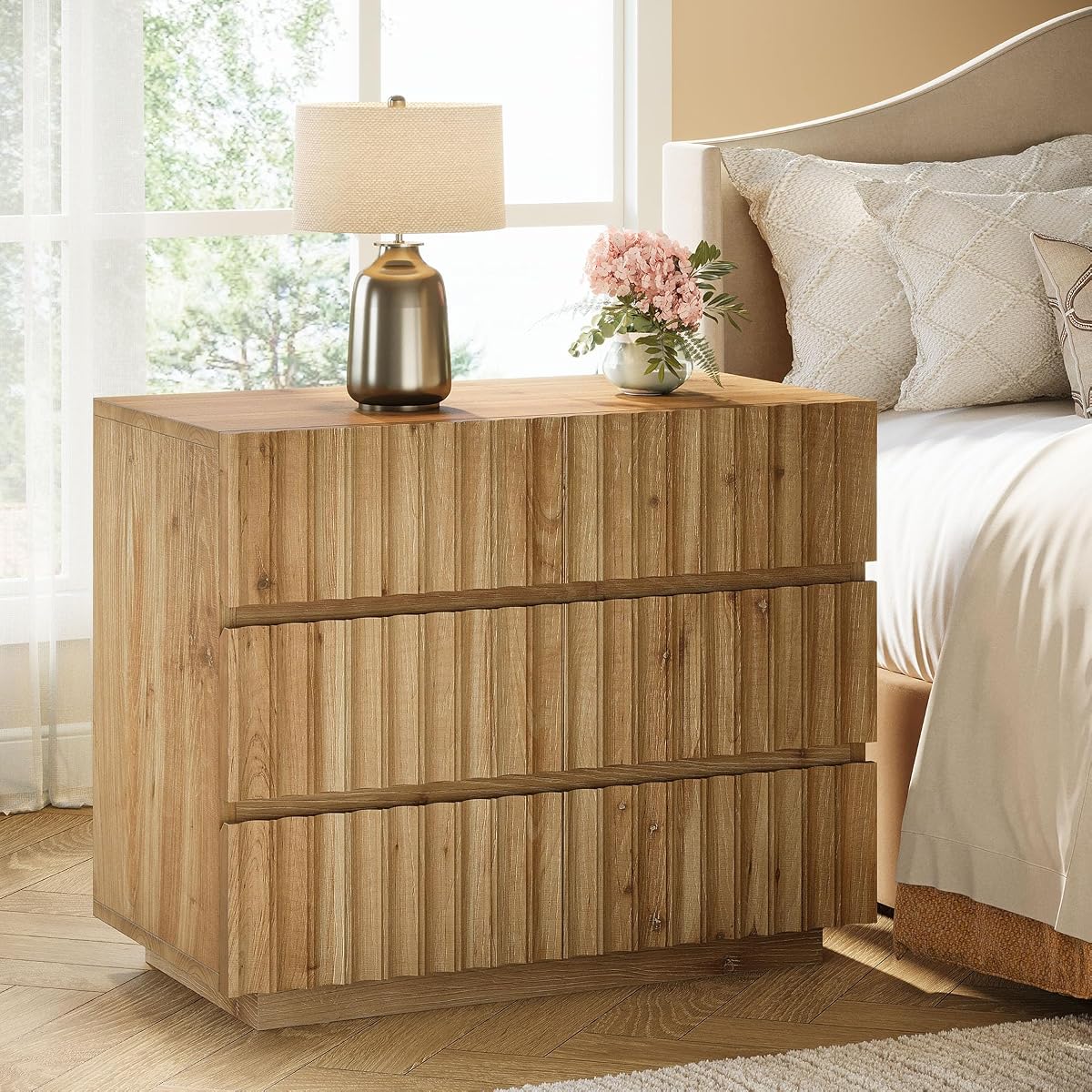 Oversized Solid Wood Nightstand with 3 Drawers, Farmhouse Bedside Table | Solid Wood; 3 Large Drawers; 31.5" Wide; Curved Profile Design