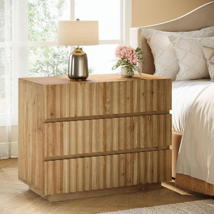 Oversized Solid Wood Nightstand with 3 Drawers, Farmhouse Bedside Table | Solid Wood; 3 Large Drawers; 31.5" Wide; Curved Profile Design
