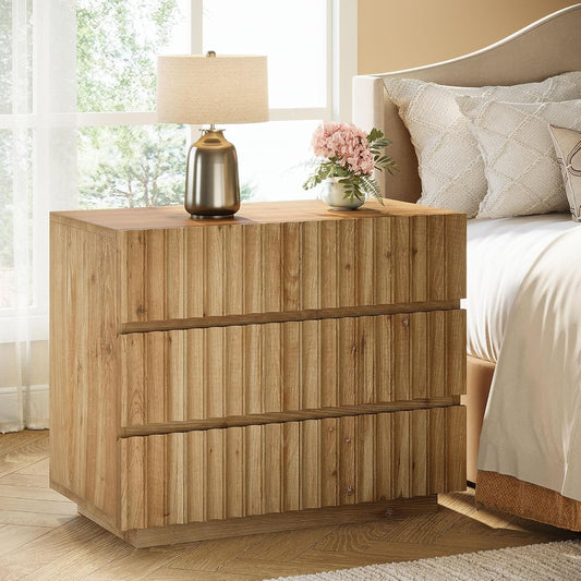 Oversized Solid Wood Nightstand with 3 Drawers, Farmhouse Bedside Table