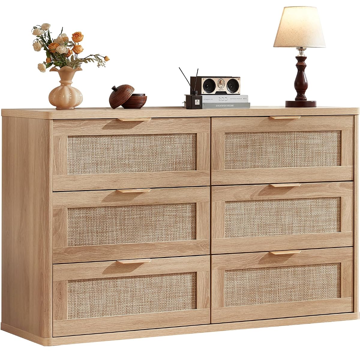 Rattan 6 Drawer Dresser for Bedroom, Boho 48" Wide Natural Wood Dresser Chest of Drawers, Dressers TV Stand with Metal Handle, Storage Dressers Closet Organizer for Living Room, Hallway
