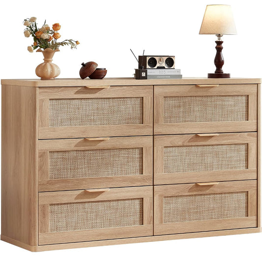 Rattan 6 Drawer Dresser for Bedroom, Boho 48" Wide Natural Wood Dresser Chest of Drawers, Dressers TV Stand with Metal Handle, Storage Dressers Closet Organizer for Living Room, Hallway