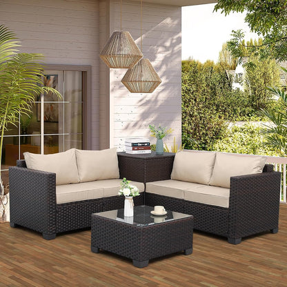 Patio Furniture Set 4 Piece Conversation Sets Brown Rattan Outdoor Couch Loveseat Wicker Sectional Sofa with Storage Box Glass Top Table, Khaki Cushion
