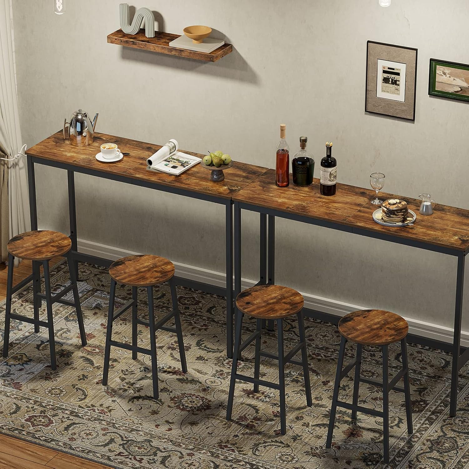 Bar Stools, Set of 2 round Bar Chairs with Footrest, 24.4 Inch Kitchen Breakfast Bar Stools, Industrial Bar Stools, Easy Assembly, for Dining Room, Kitchen, Rustic Brown BAHR0201Z