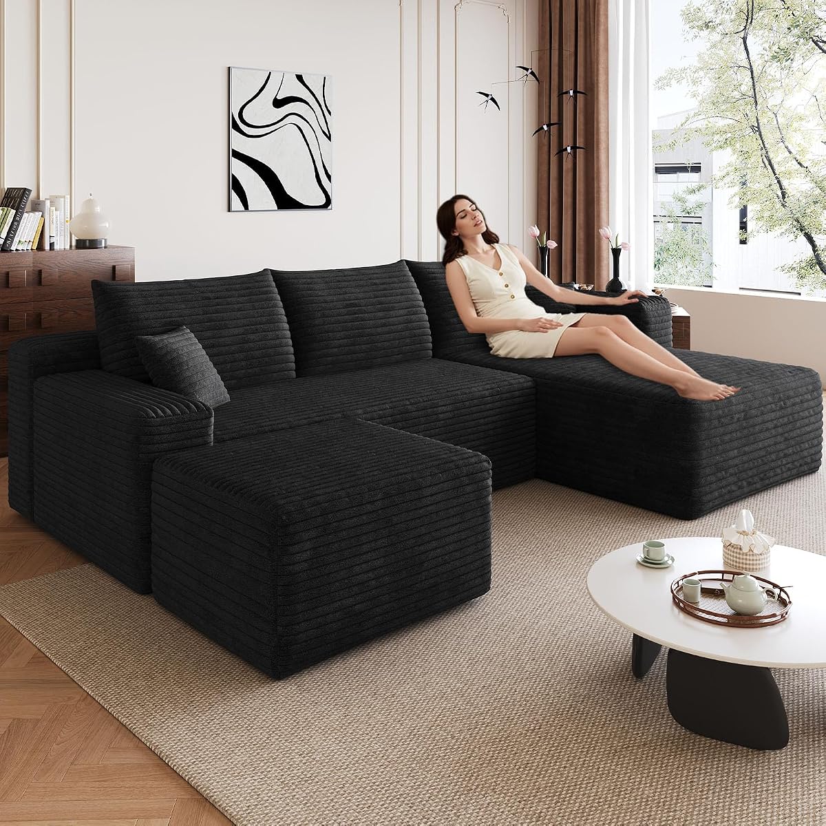 Boneless Cloud Couch Comfy Sectional Couches for Living Room,U Shaped Sofa Couch in a Box with Ottoman Deep Seat Memory Foam Compressed Sofa(Black, 95" Right Facing Chaise)