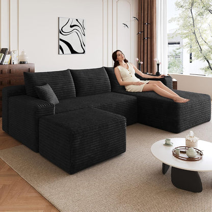Boneless Cloud Couch Comfy Sectional Couches for Living Room,U Shaped Sofa Couch in a Box with Ottoman Deep Seat Memory Foam Compressed Sofa(Black, 95" Right Facing Chaise)