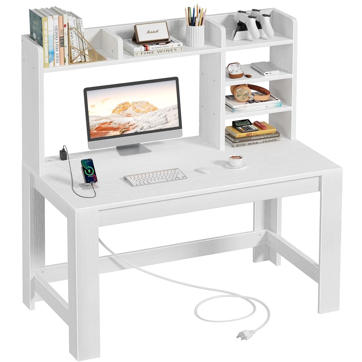 43" White Student Desk with Hutch and Built-in Power Outlet