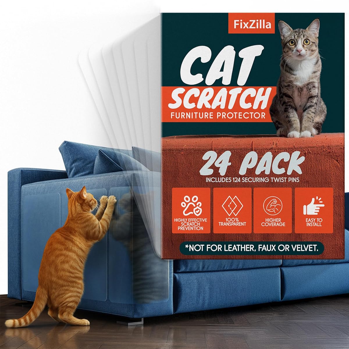 Anti Cat Scratch Furniture Protector, 24-Pack Couch Protector from Cat Claws – Heavy-Duty, Easy-to-Apply Scratching Deterrent and Shield for Sofa Corners, Walls, Doors- with 124 Twist Pins