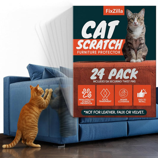 Anti Cat Scratch Furniture Protector, 24-Pack Couch Protector from Cat Claws – Heavy-Duty, Easy-to-Apply Scratching Deterrent and Shield for Sofa Corners, Walls, Doors- with 124 Twist Pins