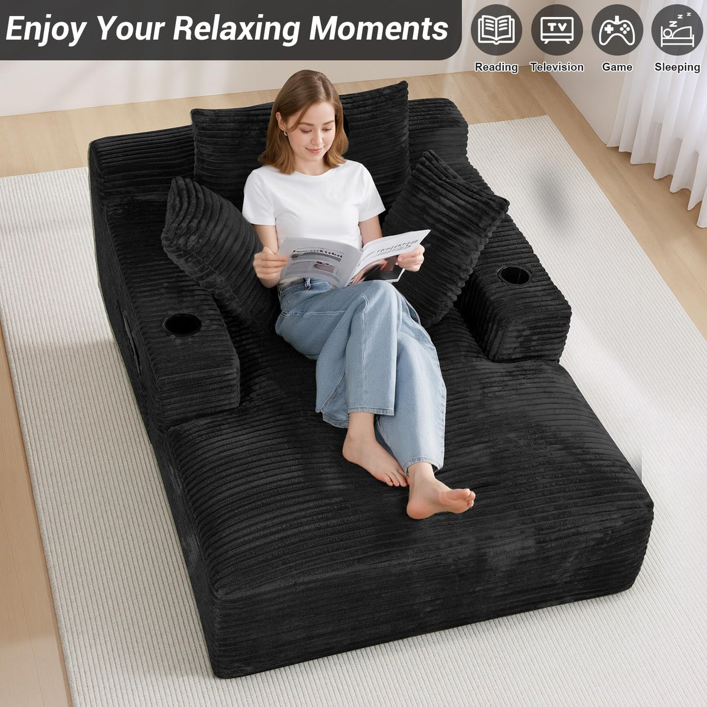 50"W X 68"D Oversized Chaise Lounge Chair Indoor Boneless Reading Chair Plush Corduroy Recliner with Cup Holders Large Deep Seat Comfy Sofa Bed Couch with 3 Pillows for Living Room Bedroom, Black