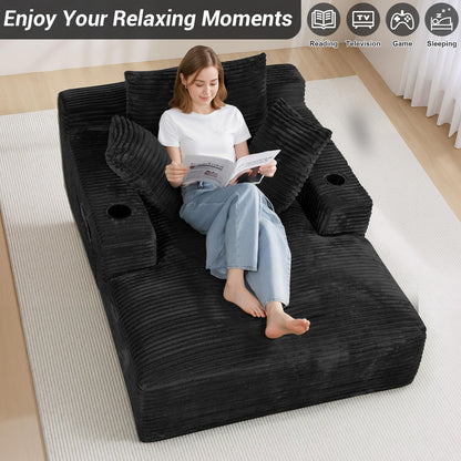 50"W X 68"D Oversized Chaise Lounge Chair Indoor Boneless Reading Chair Plush Corduroy Recliner with Cup Holders Large Deep Seat Comfy Sofa Bed Couch with 3 Pillows for Living Room Bedroom, Black