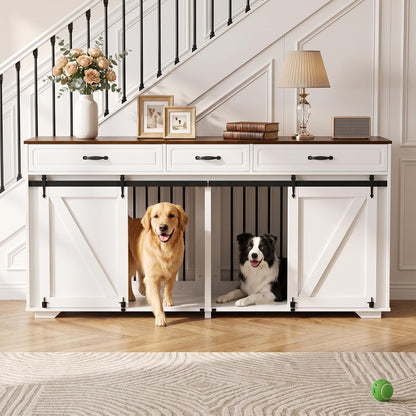Double Dog Crate Furniture, 71" TV Stand Kennel for 2 Dogs