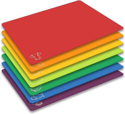 Cutting Board Mats Flexible Plastic Colored Mats with Food Icons,  Bpa-Free, Non-Porous, Anti-Skid Back and Dishwasher Safe, Set of 7 Rainbow - 7 Pieces