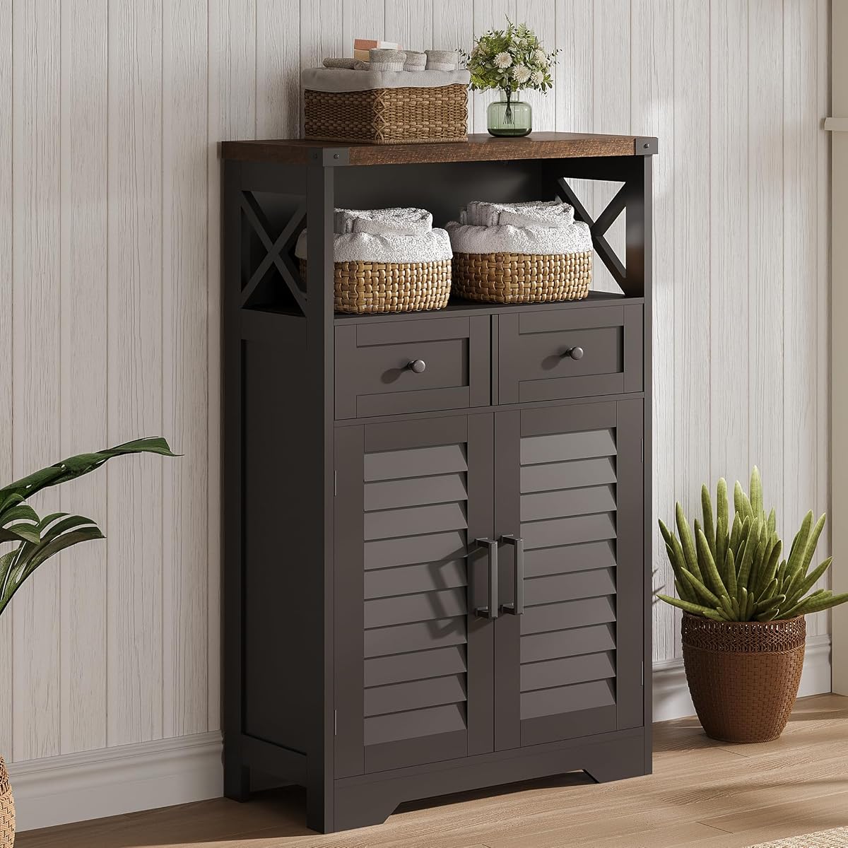 Farmhouse Storage Cabinet, Bathroom Floor Cabinet with Doors and Drawers, Kitchen Pantry Cabinet for Living Room, Laundry, Black