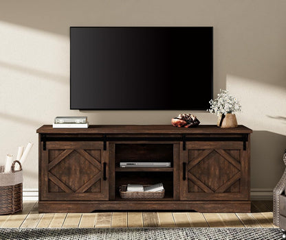 25.6"H Farmhouse TV Stand for 75" TV with Barn Doors& Hidden Storage | 66.1" W Rustic Country-Style TV Cabinet with Smooth Barn Door Slides,Holds 135+ CDs,Height-Adjustable Media Shelf