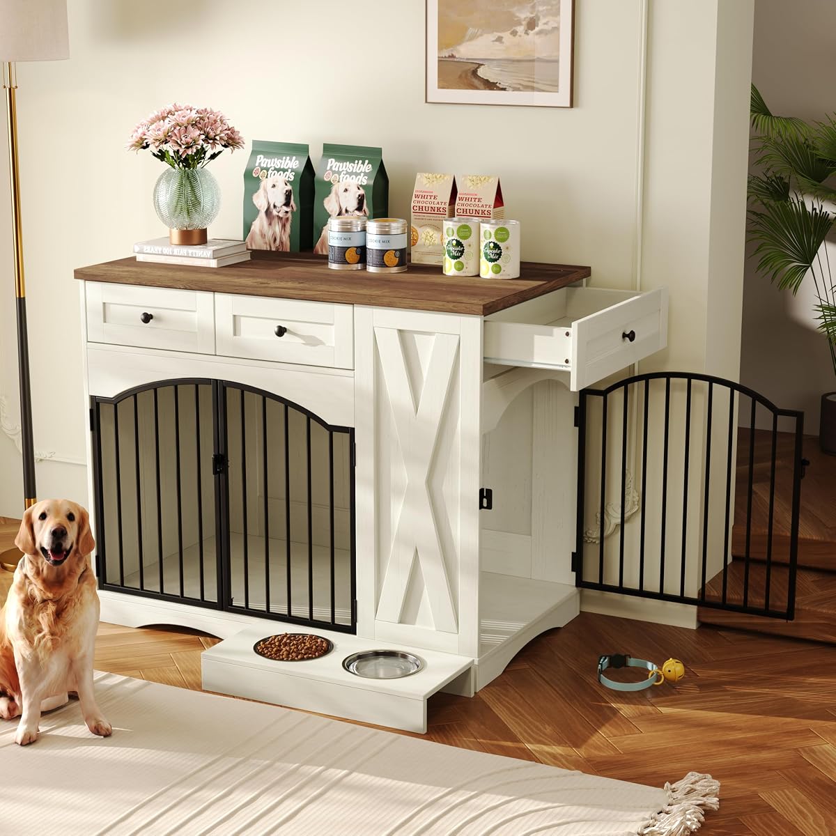 Wooden Dogs Kennel Side End Table with Double Doors, Indoor Dog House for Medium