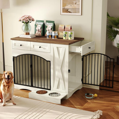 Wooden Dogs Kennel Side End Table with Double Doors, Indoor Dog House for Medium