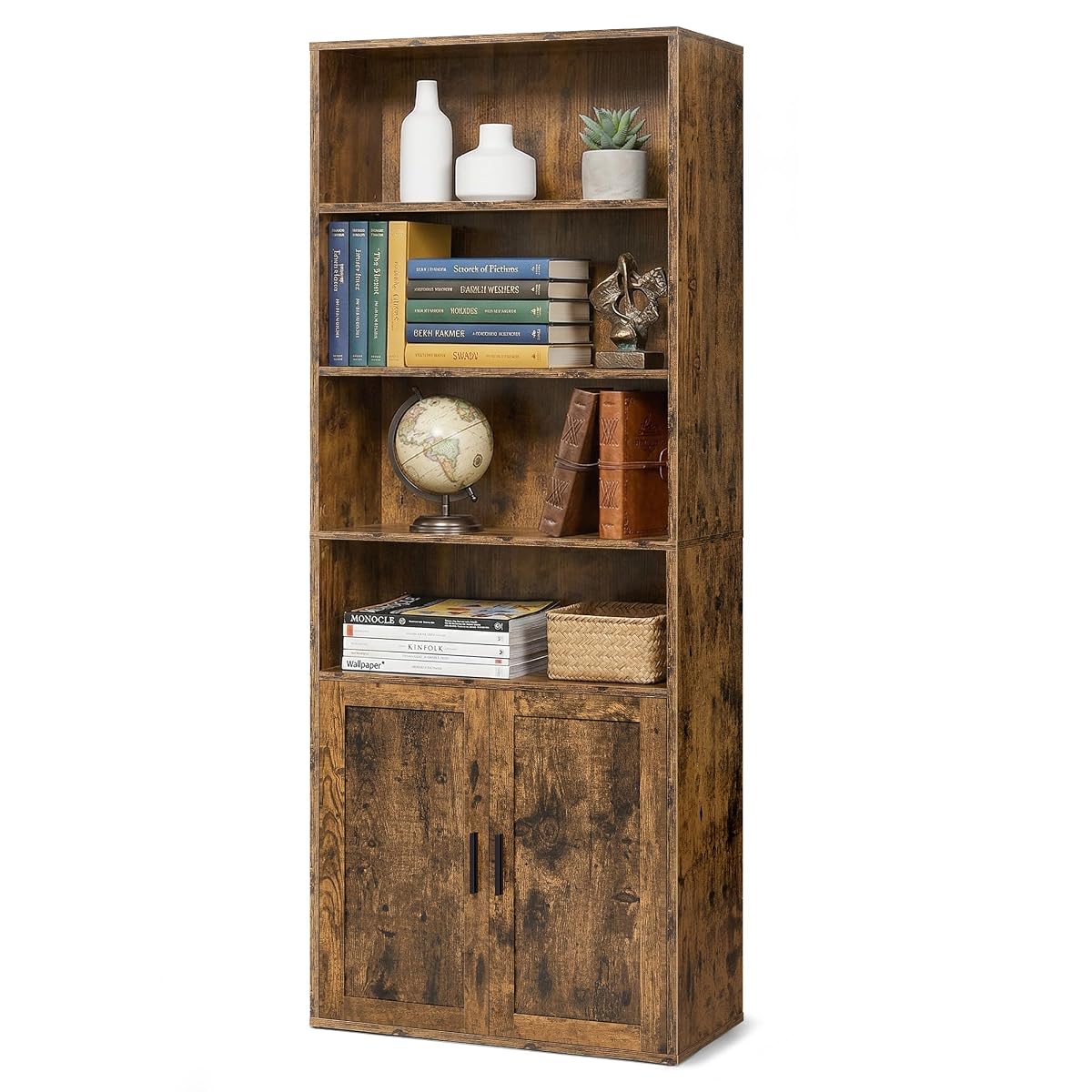 6-Tier Bookshelf with Doors, Tall Bookcase Storage Shelf, Narrow Shelving Unit with Cabinet for Living Room, Home Office, Dining Room, Space Saving, Brown