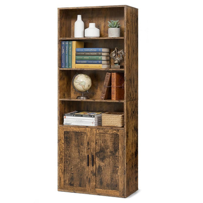 6-Tier Bookshelf with Doors, Tall Bookcase Storage Shelf, Narrow Shelving Unit with Cabinet for Living Room, Home Office, Dining Room, Space Saving, Brown