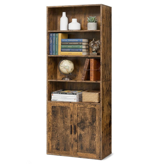 6-Tier Bookshelf with Doors, Tall Bookcase Storage Shelf, Narrow Shelving Unit with Cabinet for Living Room, Home Office, Dining Room, Space Saving, Brown
