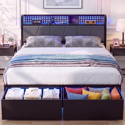 Queen Bed Frame with 2 Drawers, Platform Bed with LED Lights & Charging Station