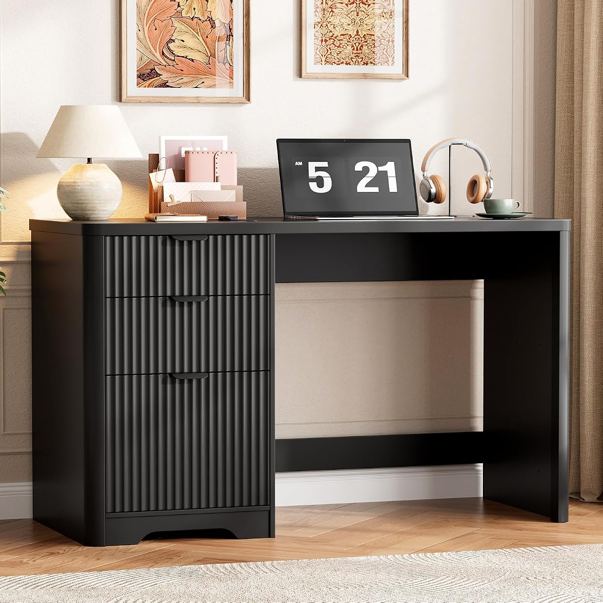 Farmhouse 47" Executive Desk with 3 Drawers, Pure Black
