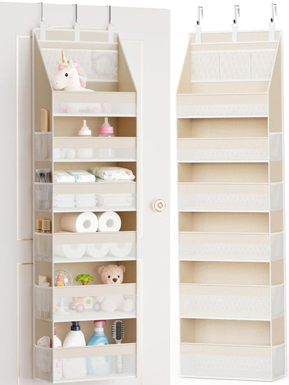 Over the Door Organizer, 6-Shelf Closet Hanging Storage with 13 Mesh Pockets, 55lbs Capacity Behind the Door Storage for Baby Nursery, Bathroom, Bedroom, and Dorm, Beige
