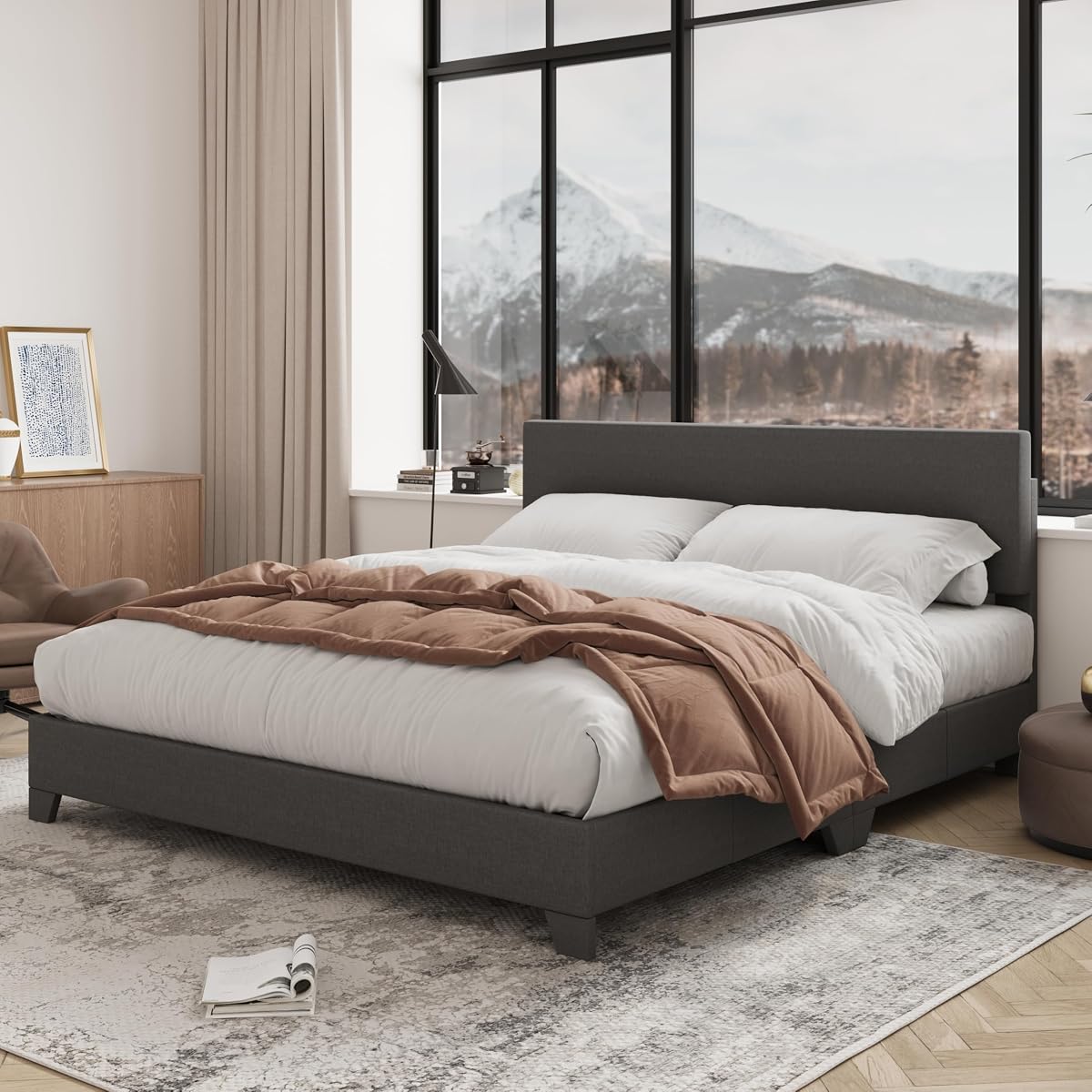 Queen Size Upholstered Bed Frame Adjustable Headboard, Dark Grey