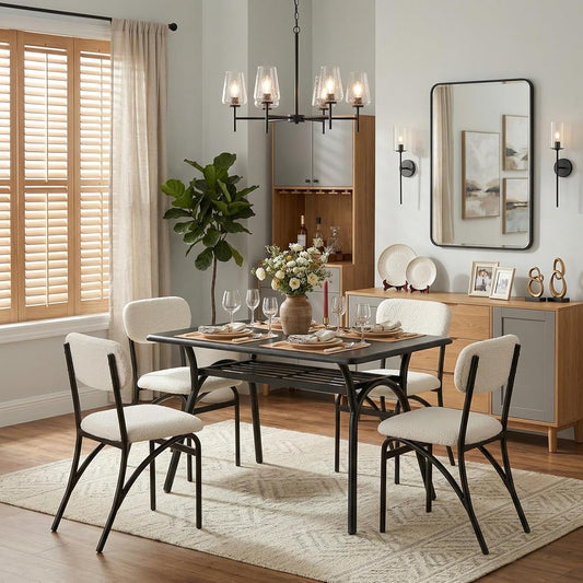 5-Piece Dining Table Set for 4, Modern Kitchen Table with 4 Boucle Chairs, Rectangular Dining Table with Storage Shelf & Marble Tabletop, Home Dining Furniture for Small Space, Beige+Black